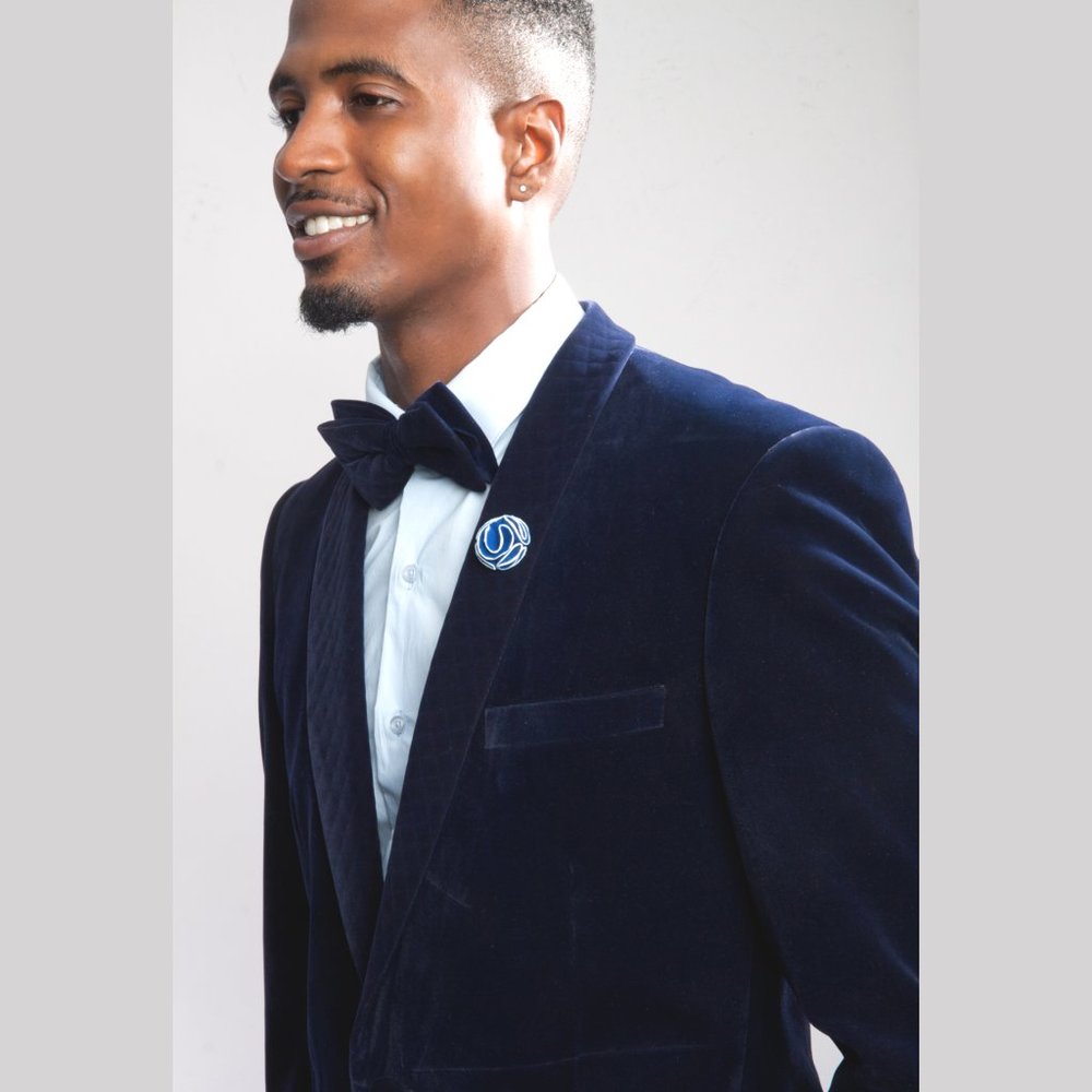 Velvet Men's Blazer Jacket w/ Crosshatched Shawl Lapel, Navy